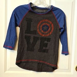 Marvel, 3/4 Sleeve Tee, Lg, Captain America, Shield Front Logo, Blue, Grey, Red
